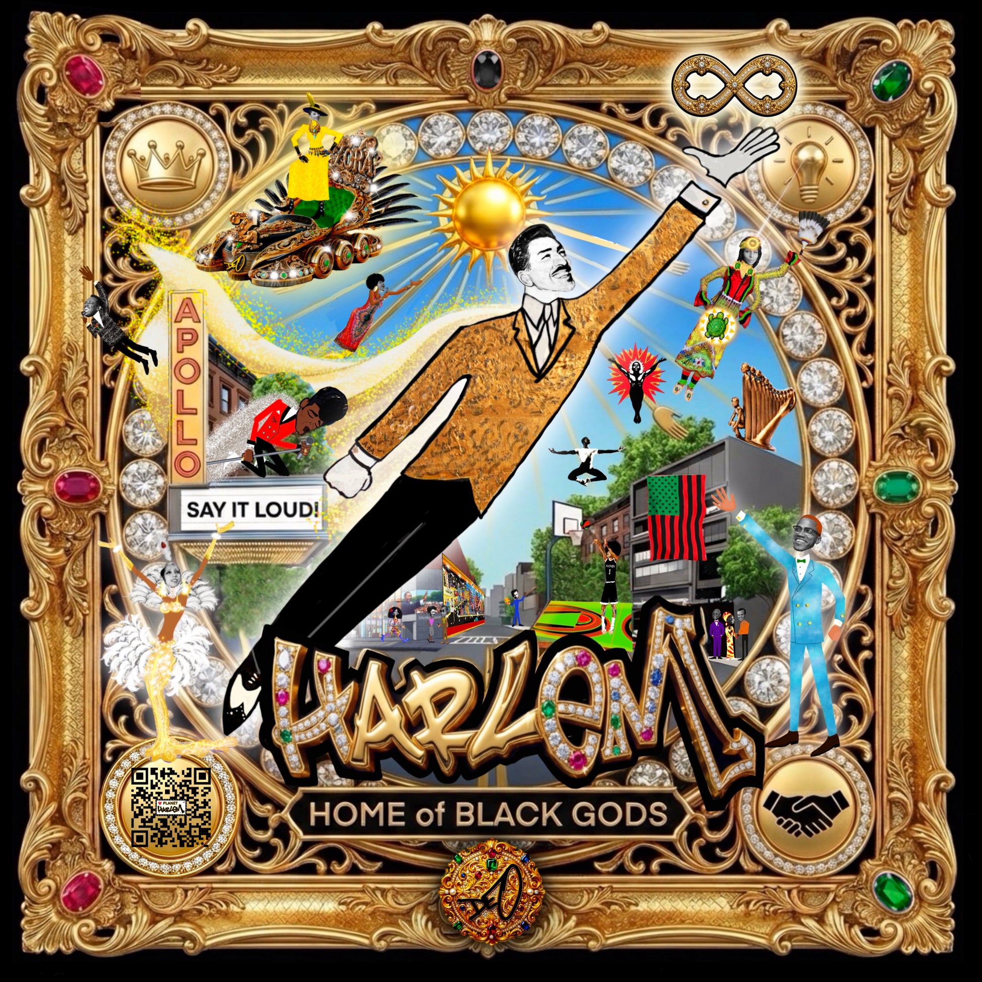 This artwork is my vision of Harlem's emblem —a celebration of the beauty, energy, love, and spirit of this sacred place. Inspired by Harlem's artists, visionaries, activists, musicians, and dreamers, it crystallizes the joy, resilience, creativity, and brilliance that have touched the world. It honors Harlem as a place where culture, faith, imagination, and destiny come together to inspire humanity. 
Size: 5 inch square.