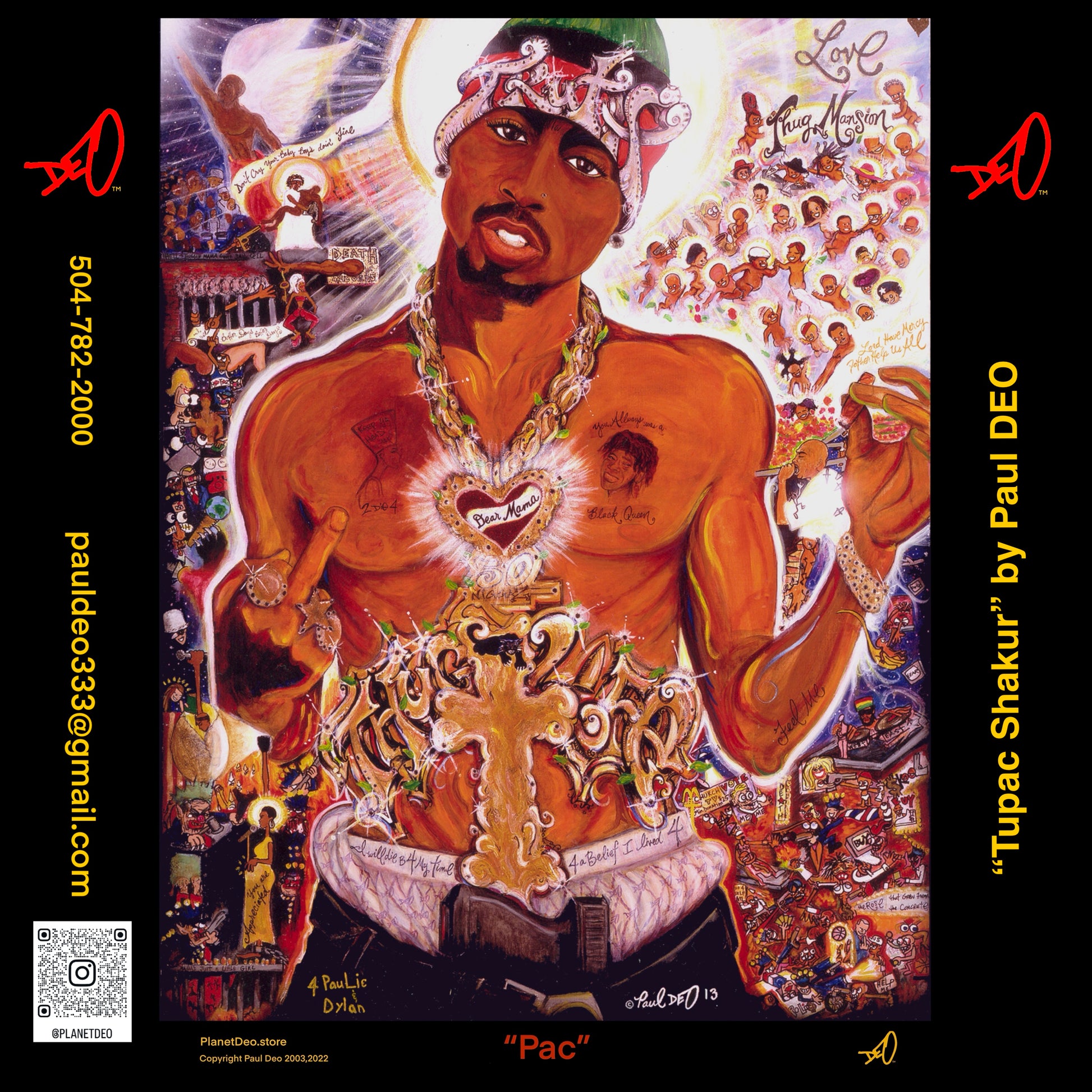 This sticker features my original painting of Tupac Shakur, transformed into collectible art. Born in Harlem to activist Afeni Shakur, Tupac became one of the most influential artists in history. Through fearless lyrics, poetry, and truth-telling, he inspired generations to think freely, stand strong, and speak from the soul. His spirit, courage, and message continue to resonate around the world.